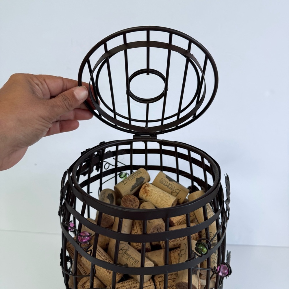 Metal Wine Barrel Cork Holder - Decorative Wine Cork Storage Bin with Grapes - Picture 8 of 10